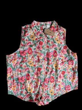NATURAL LIFE Sleeveless Floral Button-Front Top - Pink, Yellow, Green Tie Waist
